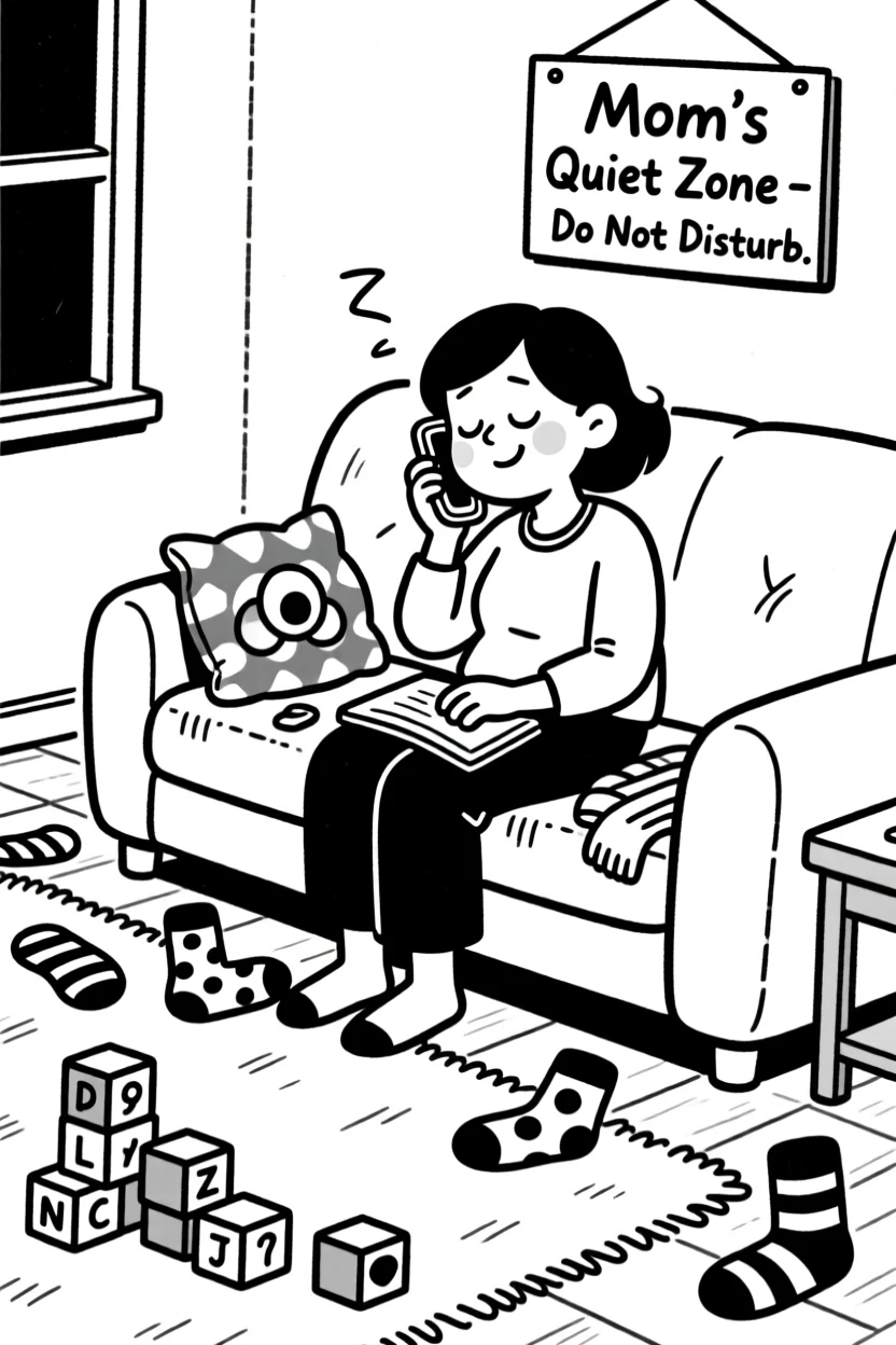 A mom multitasking with a phone tucked under her chin, pretending to be asleep to avoid chores, set in a cozy living room with mismatched socks scattered on the floor. A trail of building blocks leads across the floor. There's a tender, nostalgic sweetness to the whole scene.