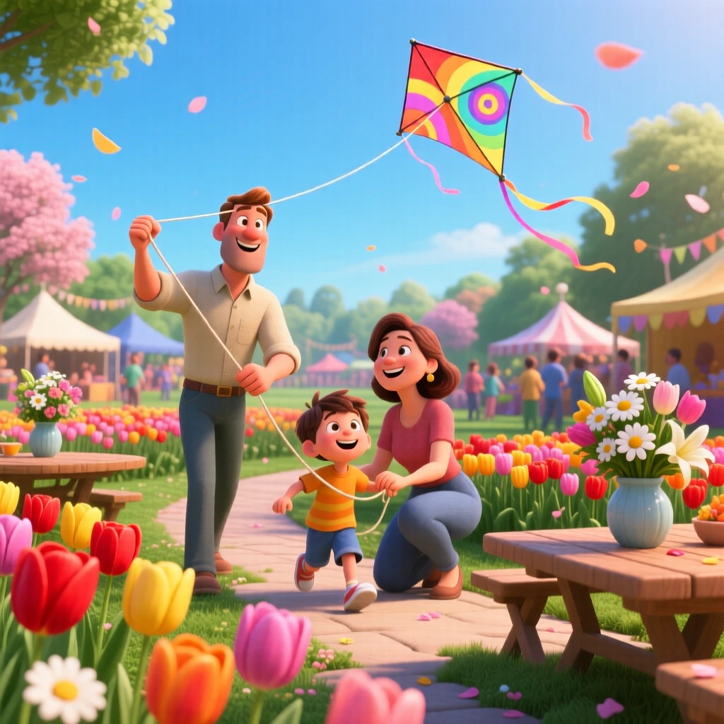 A family flying kites at a spring festival happens in a garden bursting with spring tulips, with fresh flowers decorating every table. A bright, merry energy fills the entire scene.