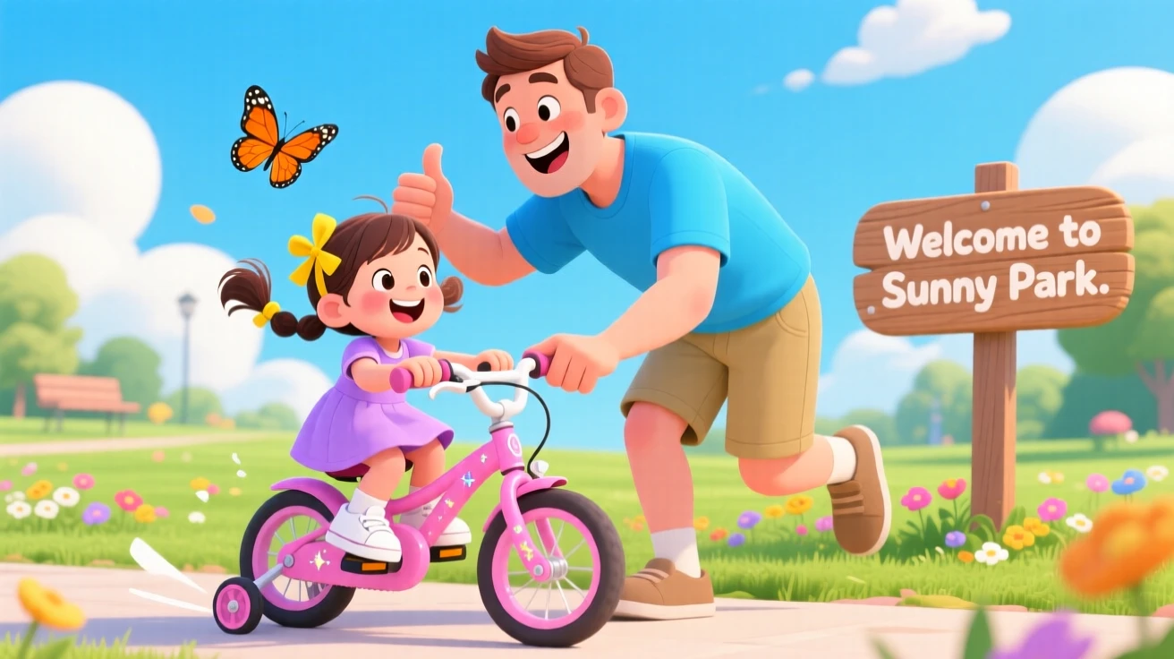 A father teaching his daughter to ride a bicycle for the first time.