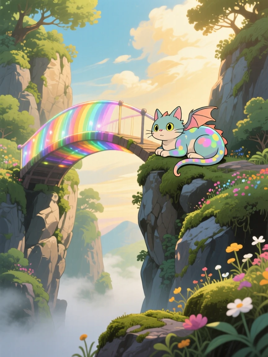 A bridge made of woven rainbow light connecting two cliffs, where a small dragon curled up like a cat can be seen nearby, the atmosphere dreamlike and inviting.