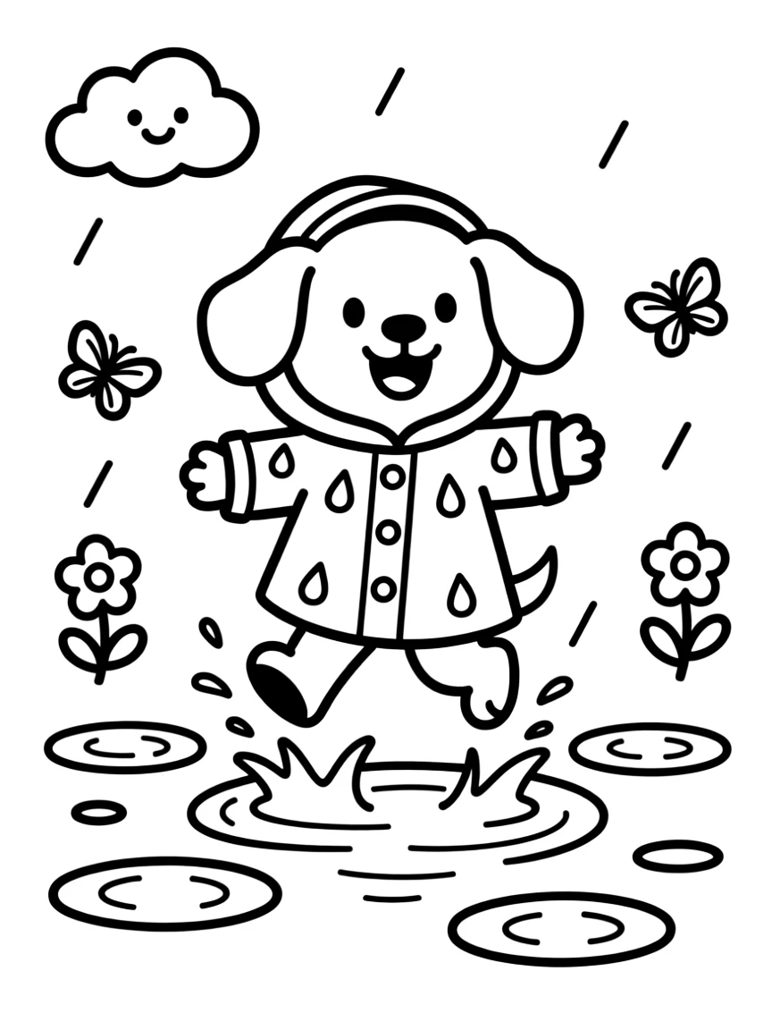 A puppy wearing a raincoat jumping in puddles