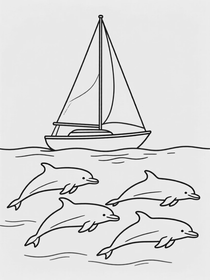 A pod of dolphins swimming beneath a sailboat