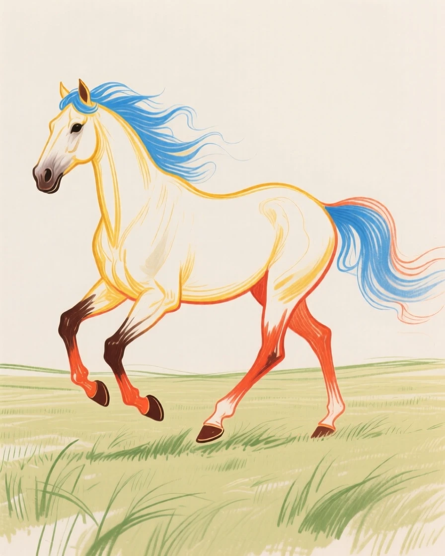 A horse galloping through a field.