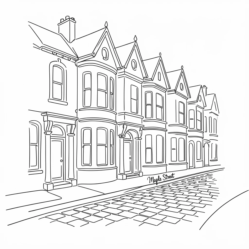 A row of ornate Victorian townhouses lining a quiet cobblestone street