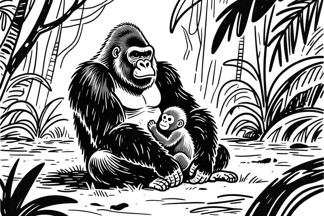 A gorilla family resting in a lush jungle clearing, a baby clinging to its mother.