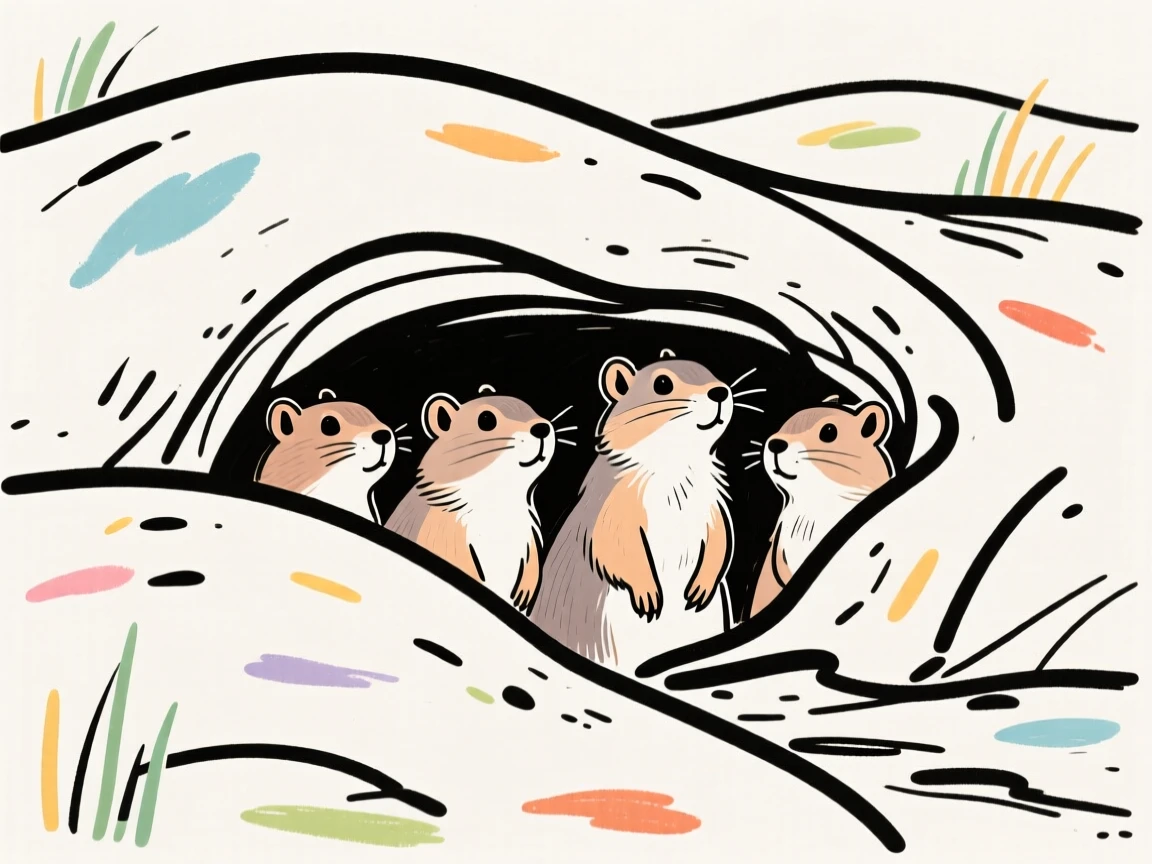 A group of prairie dogs peeking out from their burrow mounds.