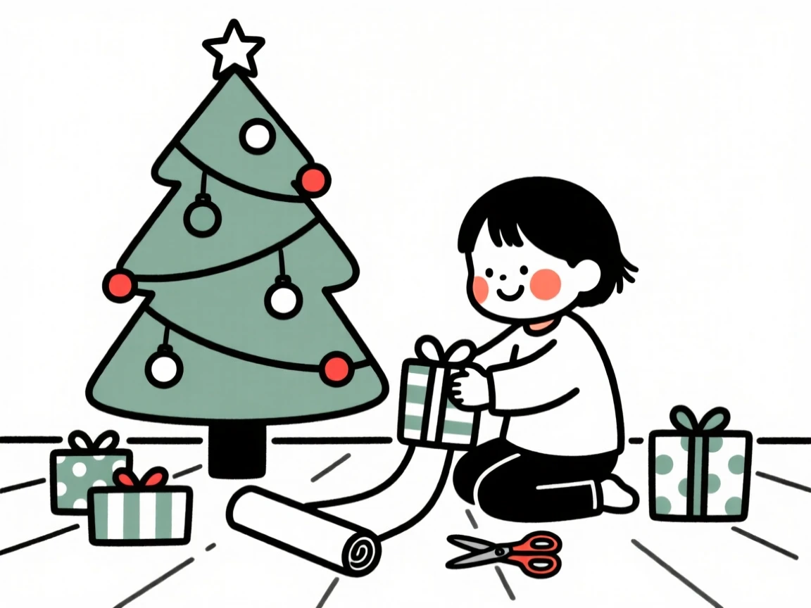 A small child wrapping gifts by a decorated tree.