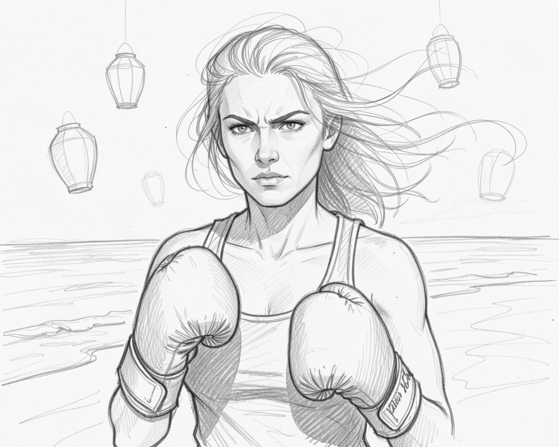 Close-up portrait of a determined female boxer on a windswept beach at dawn, surrounded by floating lanterns.