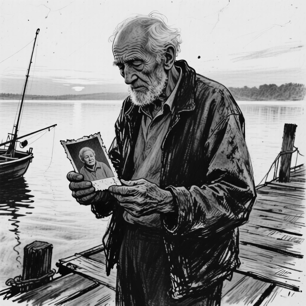 A grandfather holding a photograph of a departed loved one, on a quiet fishing dock at dawn.