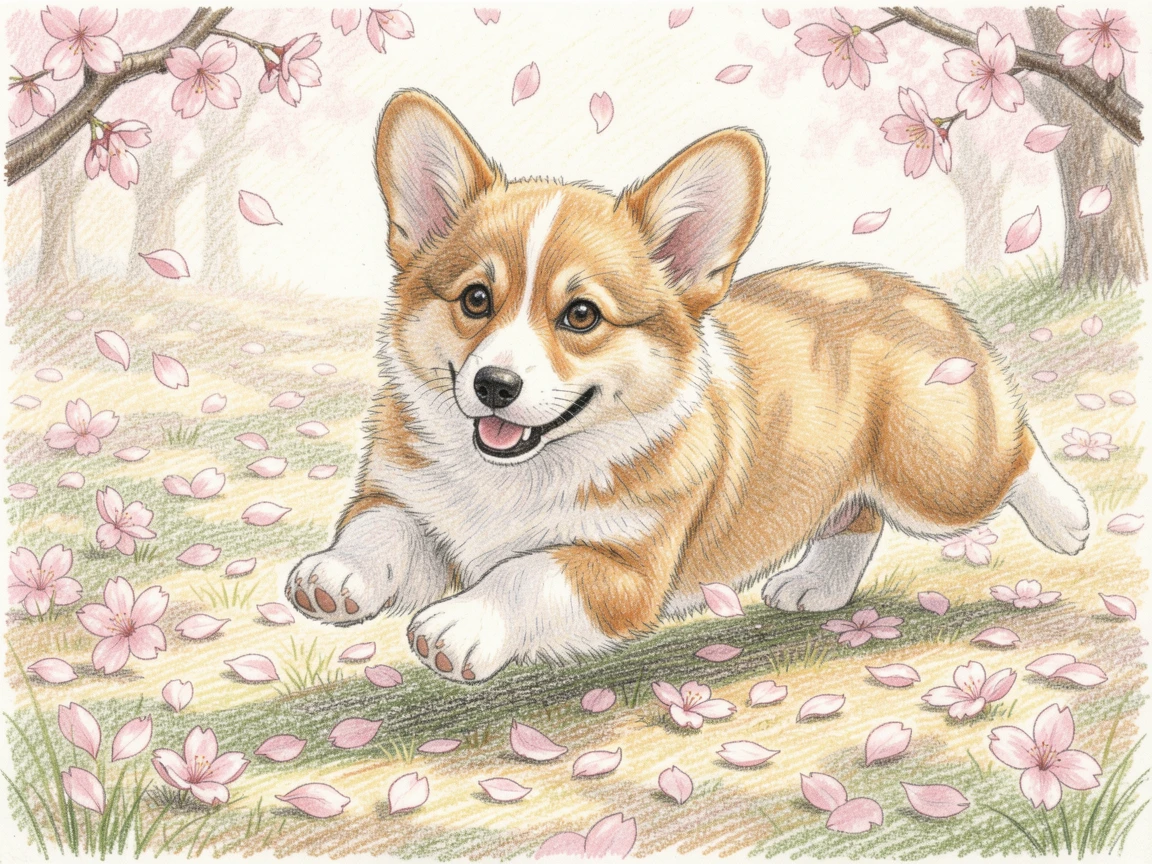 A corgi puppy bounding through a field of fallen cherry blossoms, surrounded by soft natural light and gentle shadows, celebrating the simple beauty of the animal world.