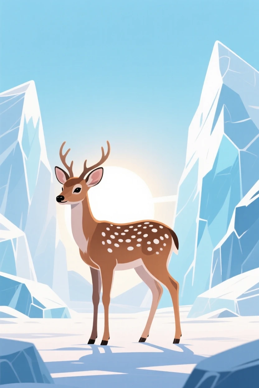 A young deer with delicate spots standing in a sunlit clearing, surrounded by icy glaciers and pale blue sky, centered in the frame with gentle negative space around it, with vivid, richly saturated colors that pop.