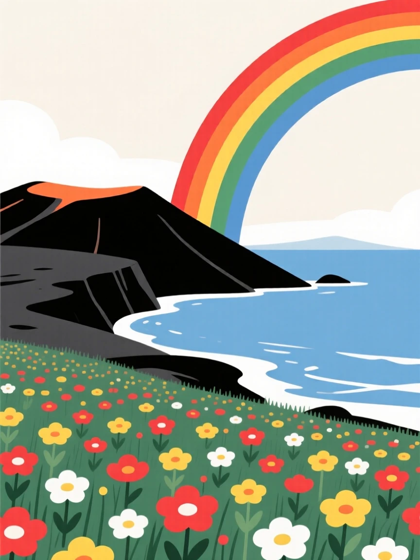 A field of wildflowers, standing at the edge of a volcanic island shoreline, with a rainbow arching overhead nearby, evokes peaceful renewal.
