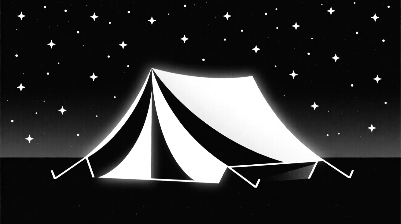 A tent glowing softly under a starry night sky.