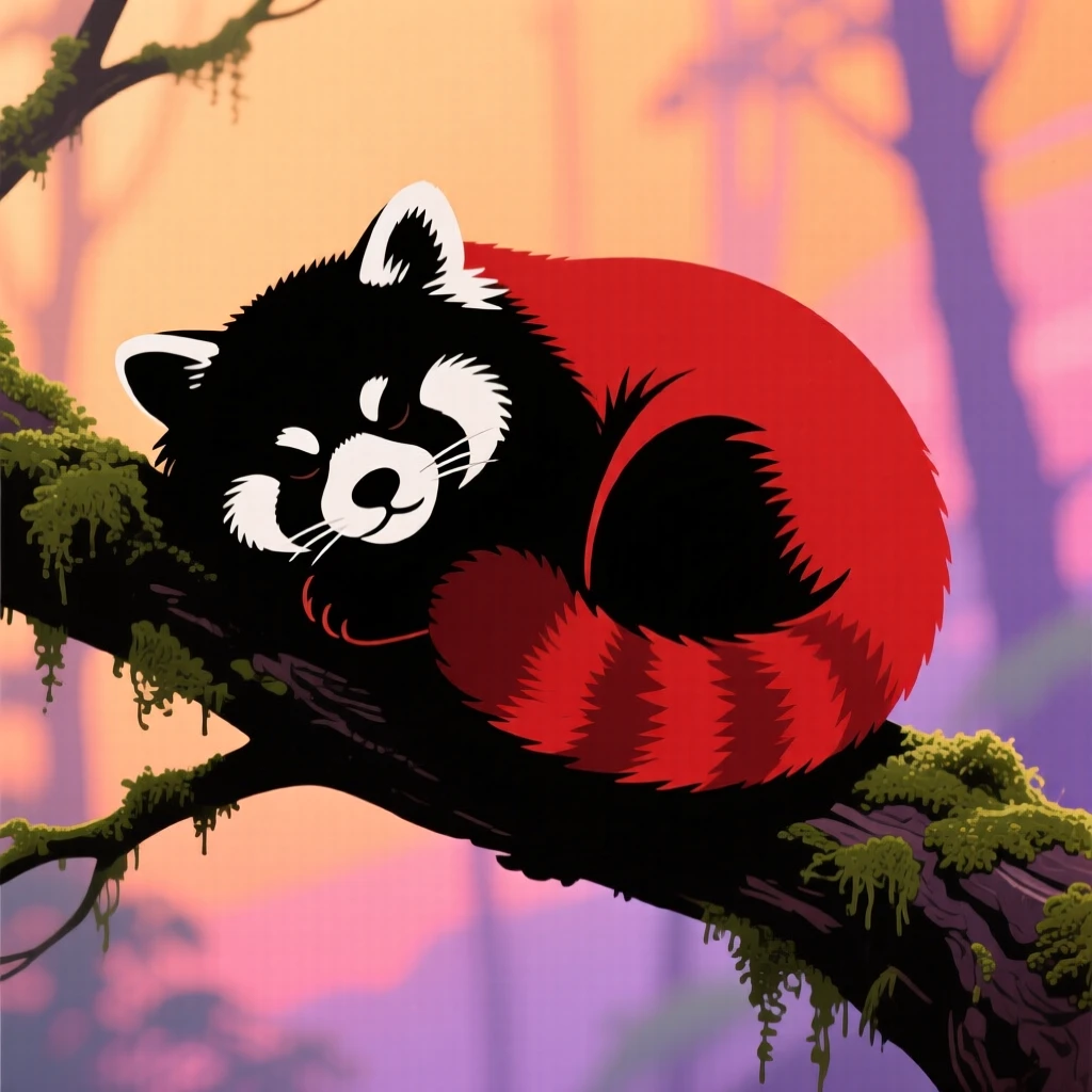 A red panda curled asleep along a mossy tree branch.