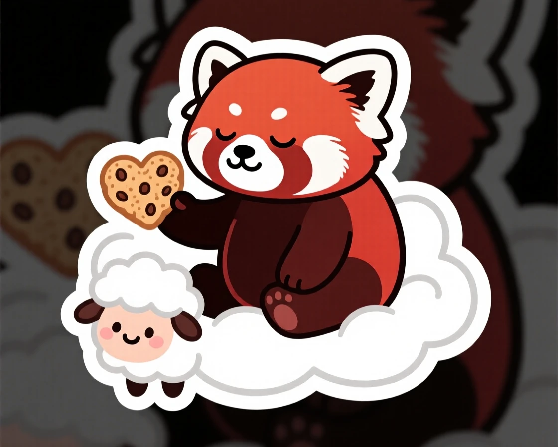 A sleepy red panda offering a heart-shaped cookie, on a cloud shaped like a fluffy sheep.