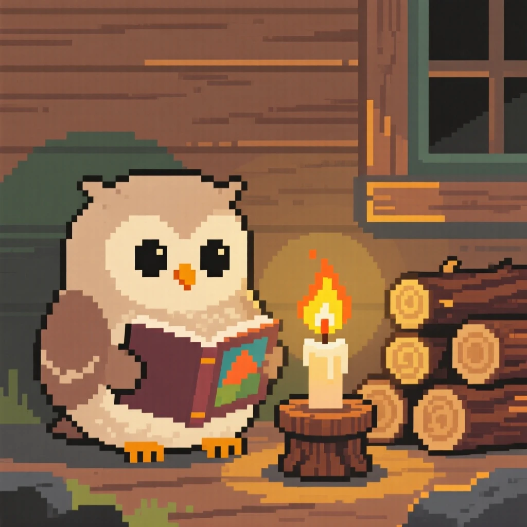 A fluffy owl chick reading a tiny picture book by candlelight, beside a stack of firewood near a cabin.
