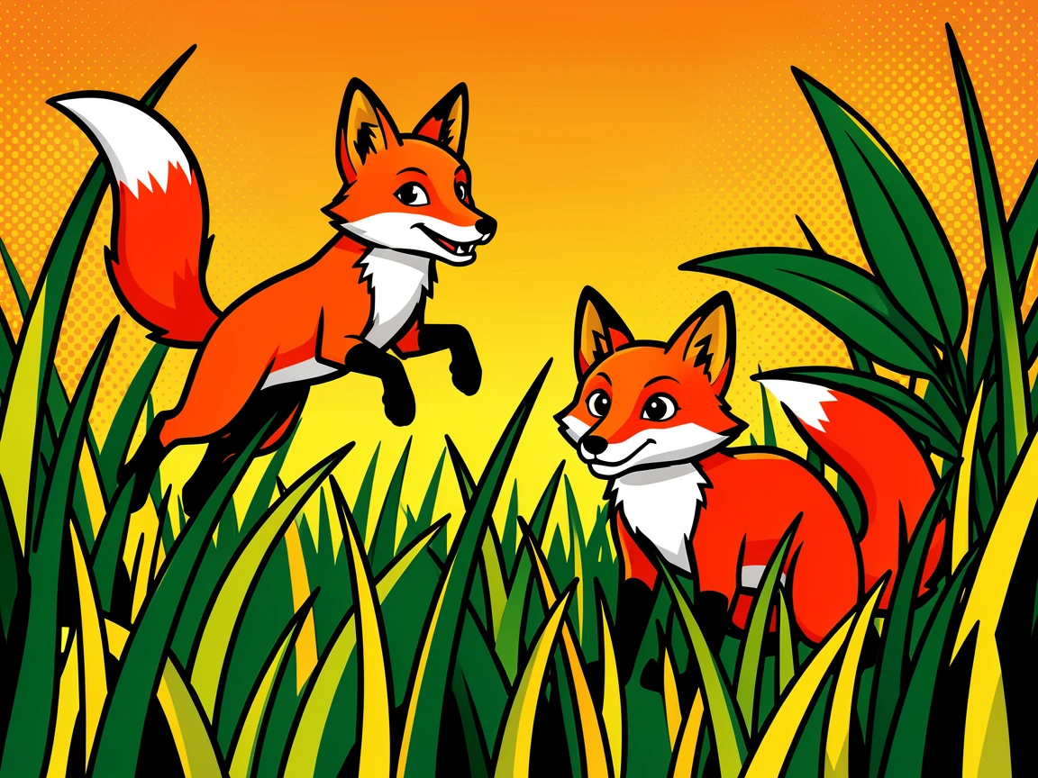 A pair of foxes playing in a field of tall late-day grass
