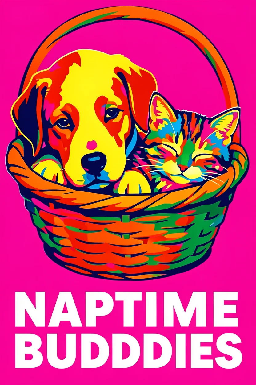 Puppy and kitten napping together in a basket
