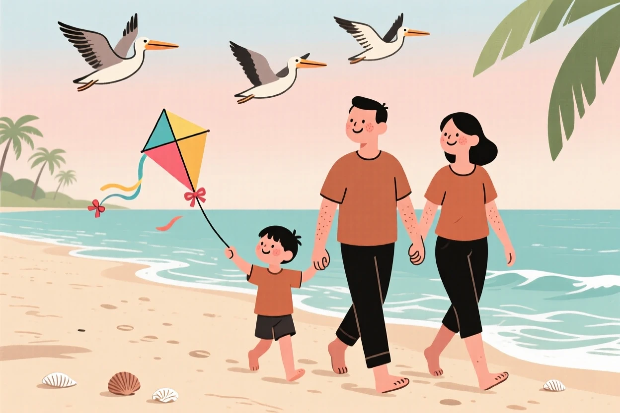 Waves roll gently onto a wide tropical beach where a family with children walk along the shoreline, flying a small kite as pelicans glide overhead.