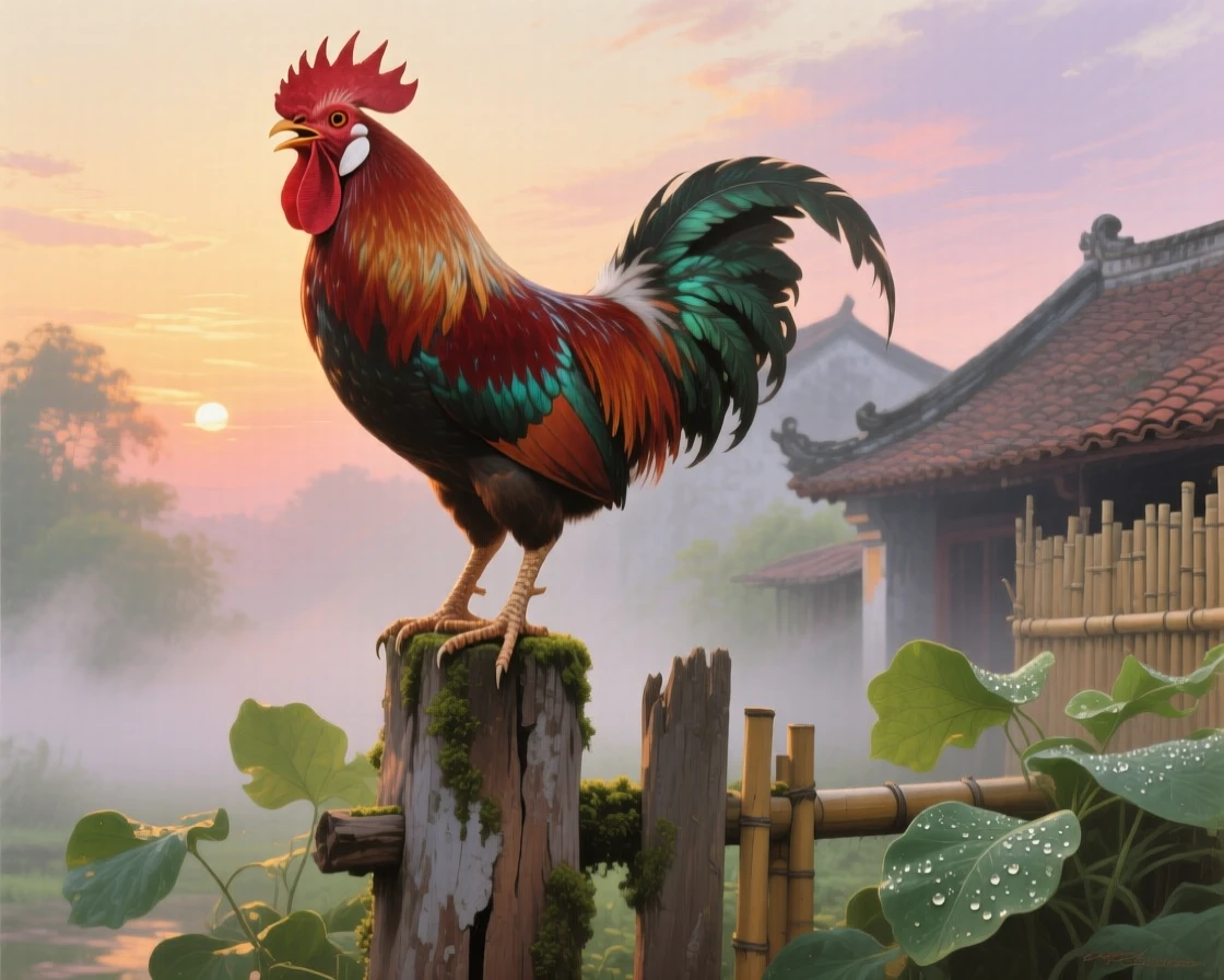A well-framed scene of a proud rooster crowing atop a weathered fence post at sunrise, at the start of a humid summer, in old Hanoi.