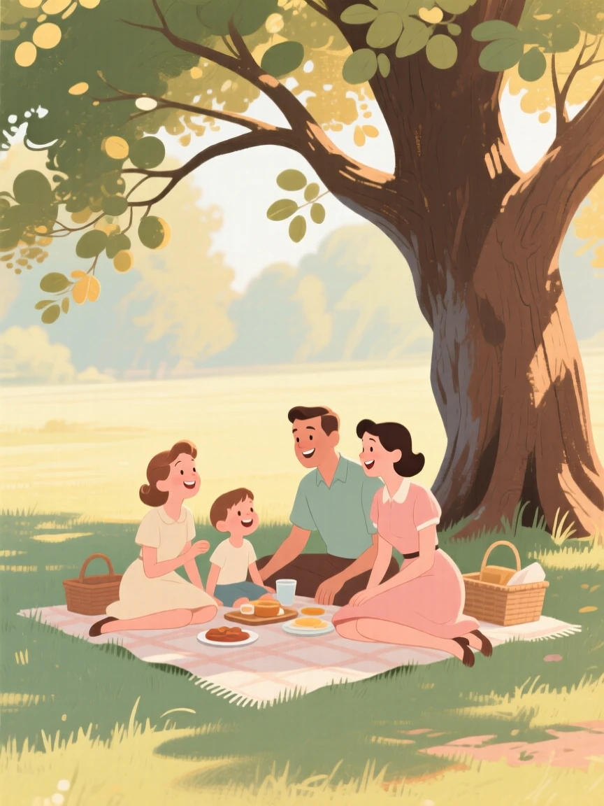 A family enjoying a picnic beneath a shady oak tree in summer