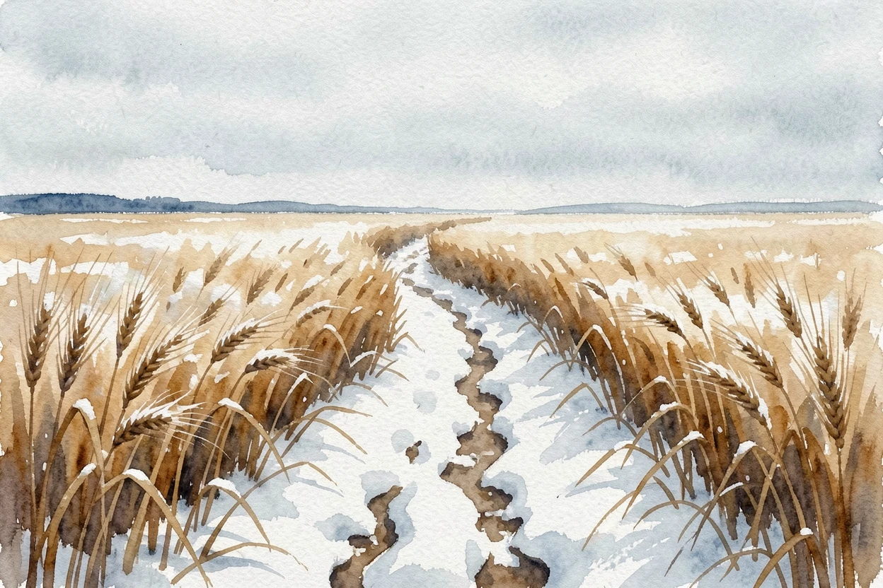 A golden wheat field during the first snowfall with a narrow dirt path leading into the distance.