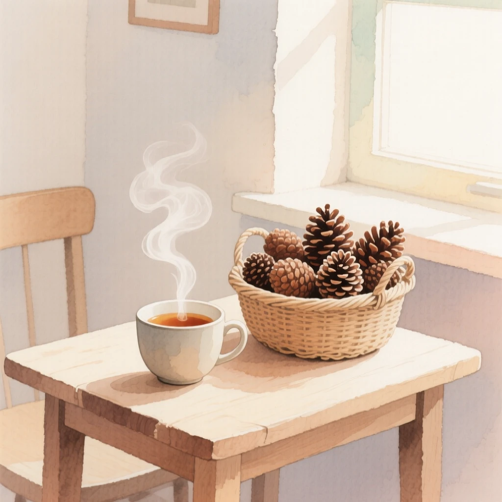 A charming view of a cozy breakfast nook, with steam rising from a fresh cup of tea, featuring a woven basket filled with pinecones