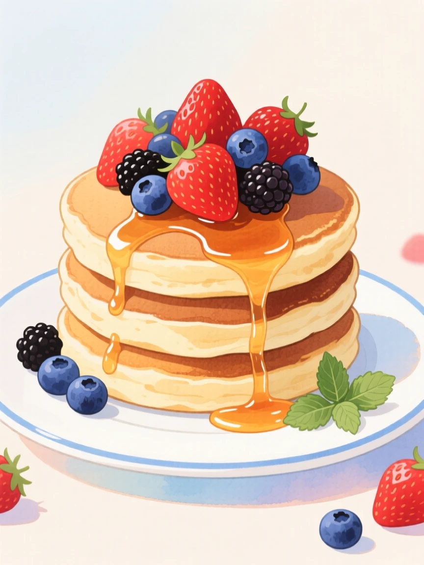 A delightful still life of a stack of fluffy pancakes topped with berries and syrup.
