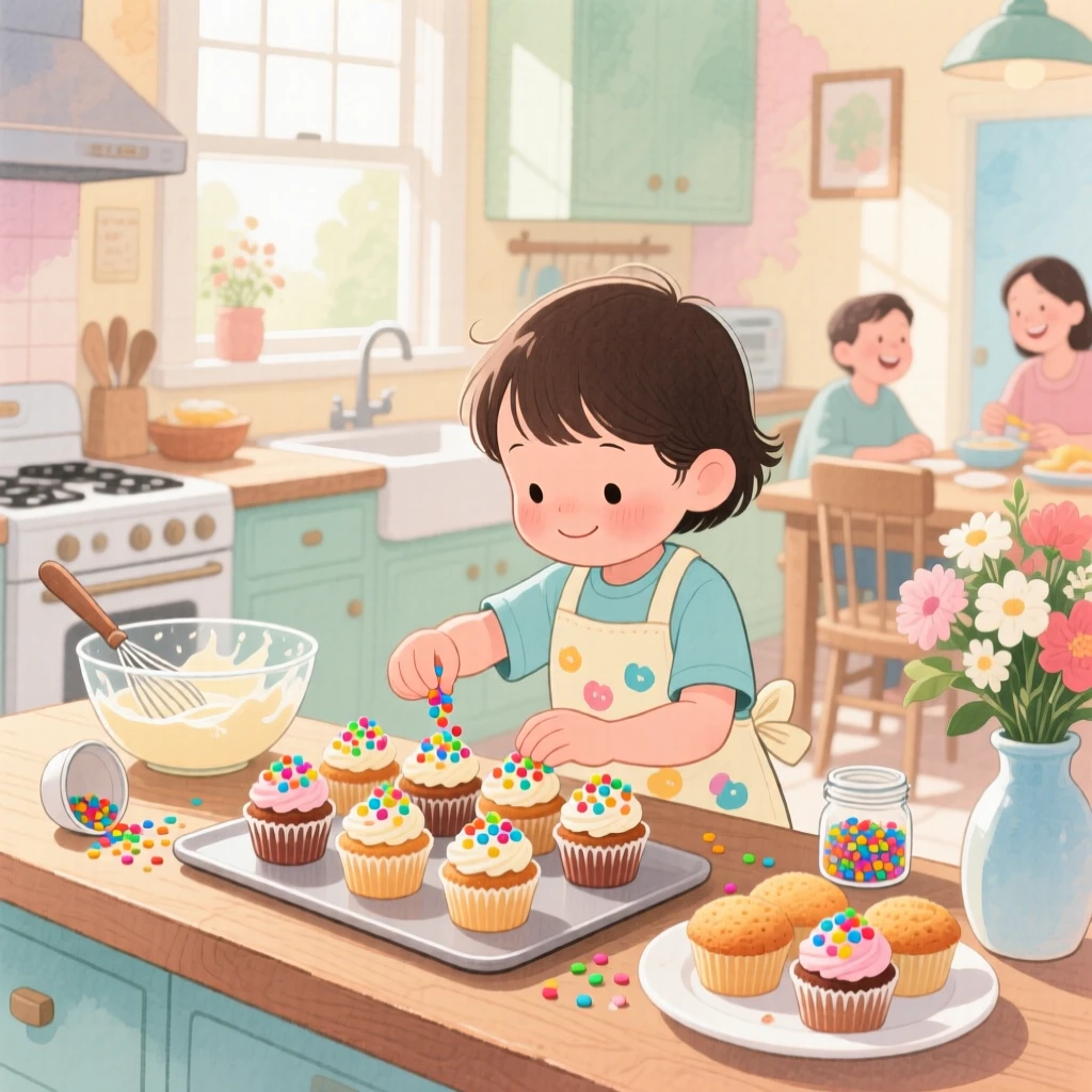 A child decorating cupcakes with colorful sprinkles at the kitchen counter, filled with the simple pleasure of good food and good company.