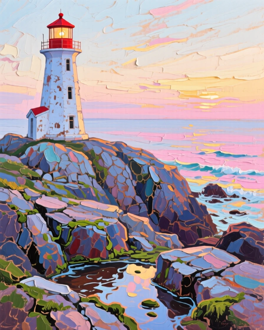 a solitary lighthouse on a rocky headland, at dawn, with a clear foreground, subject, and distant setting.