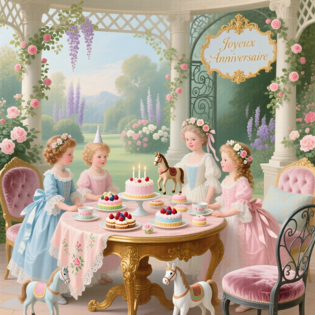 A child’s birthday tea in a garden pavilion with tiny cakes and toy horses  