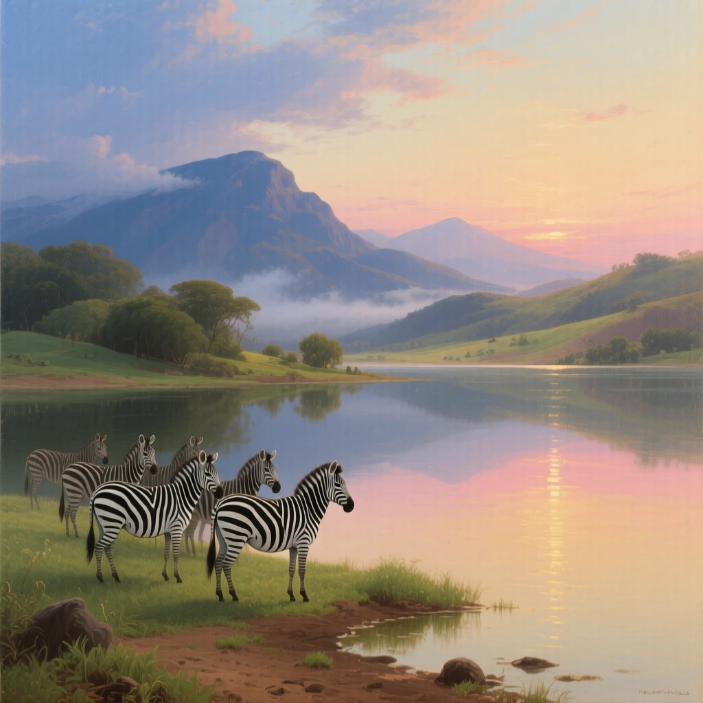 A herd of zebras stands proudly at the edge of a still lake at dawn as the water shimmers in the light.