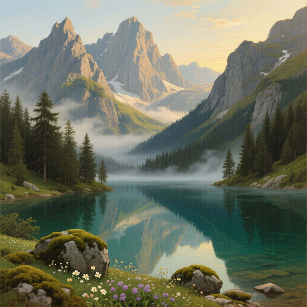 A hidden alpine lake ringed by jagged untouched peaks, with morning mist clinging to the surrounding valleys, designed to feel like a window into another world