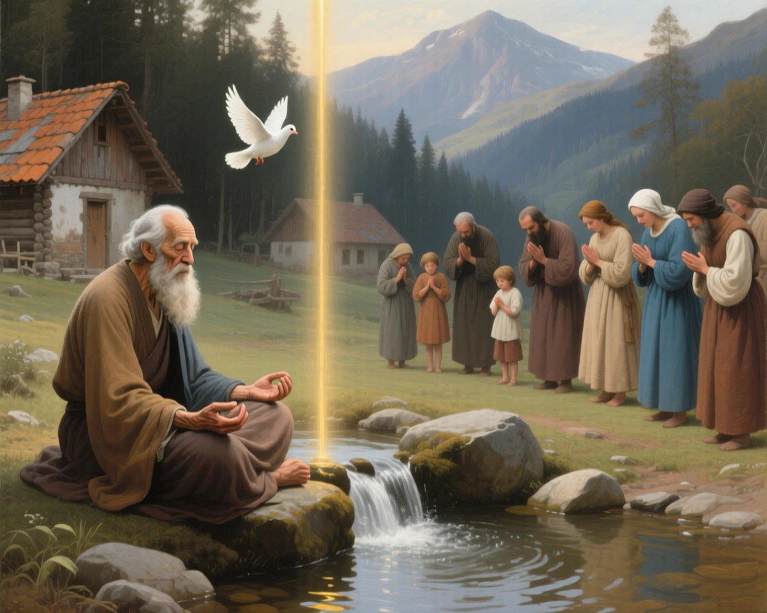An elderly sage meditating beside a tranquil mountain spring at the quiet culmination of a long inner journey, set within a humble village at the edge of a quiet forest, with a single dove or beam of light marking the sacred moment; converging figures form a reverent circle around the central moment, filled with serenity and the quiet dignity of devotion.
