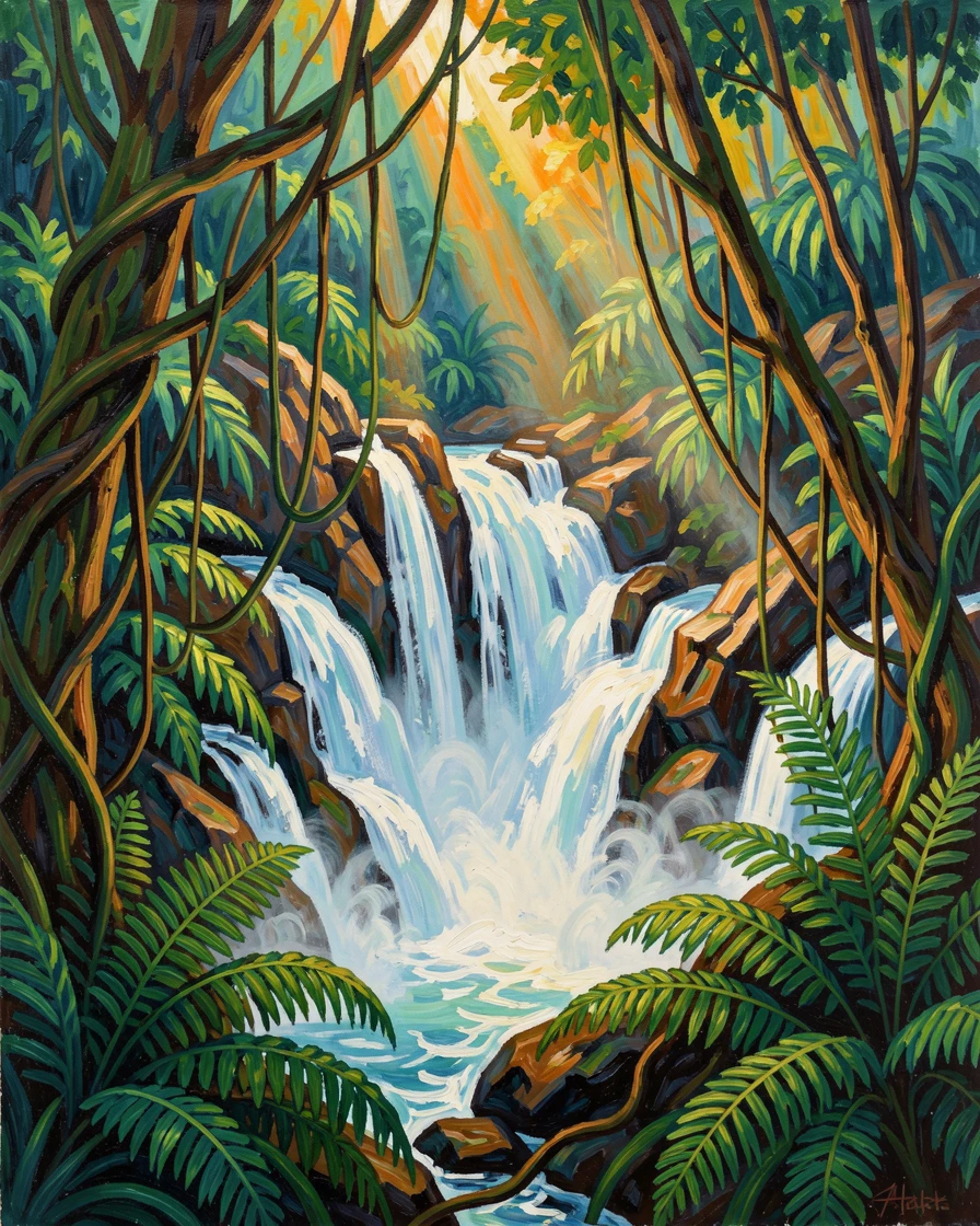 A jungle waterfall surrounded by dense ferns and hanging vines, mist rising into shafts of light.