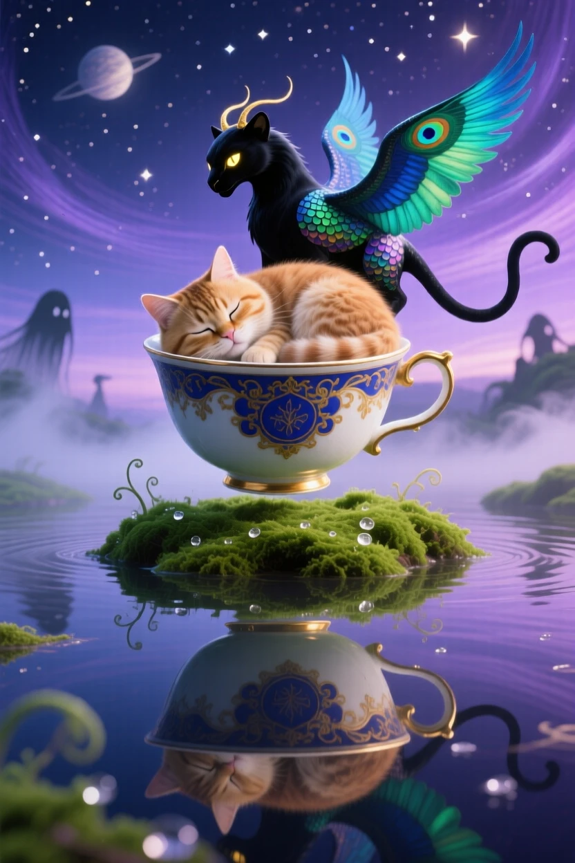 A cat curled asleep inside a floating teacup rests quietly atop a floating patch of green moss, while its reflection shows a completely different creature.