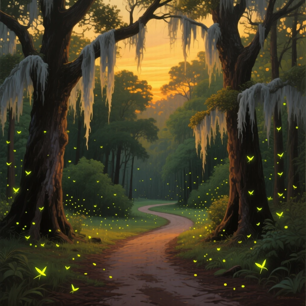 Fireflies drift like floating embers through a warm summer forest at dusk in the American South, Spanish moss hanging from ancient oak branches, a narrow dirt path leading deeper into the glow.