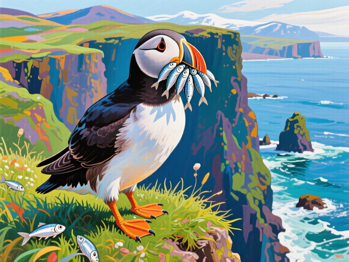 A puffin standing on a grassy cliff edge in Iceland, a beak full of small silver fish