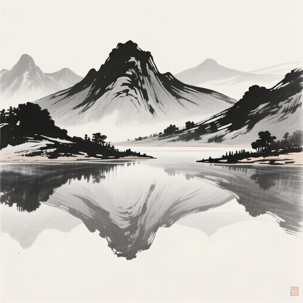 a lake ringed by distant peaks, mirroring the surrounding hills on its glassy surface.