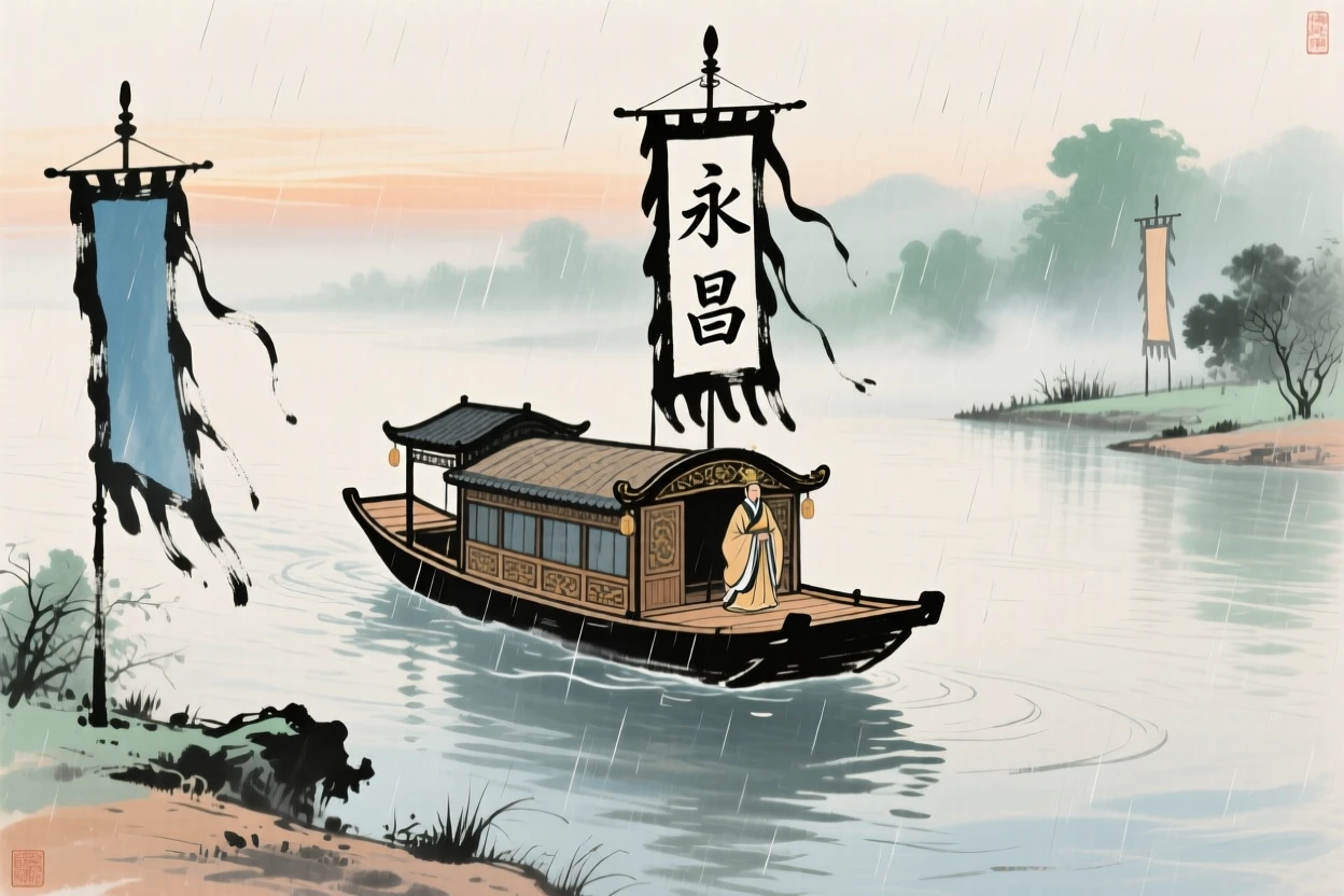 An emperor's barge gliding slowly down a wide river flanked by banners, in a gentle drizzle, as morning mist begins to lift.