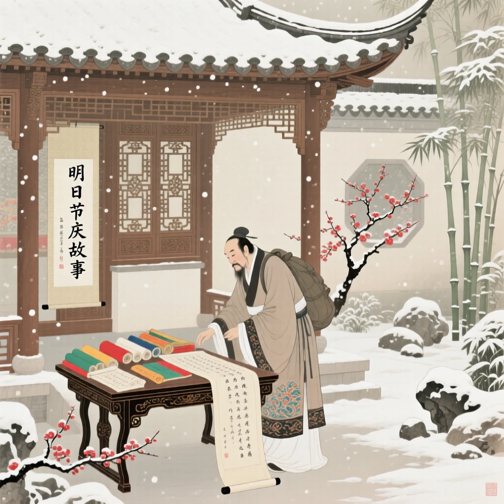 A traveling storyteller preparing for tomorrow's festival in a garden pavilion during a light snowfall