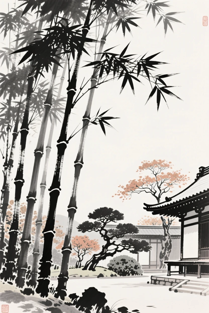 A grove of tall bamboo in the corner of a secluded temple garden, seen from a low angle looking upward, celebrating the fleeting beauty of the season.