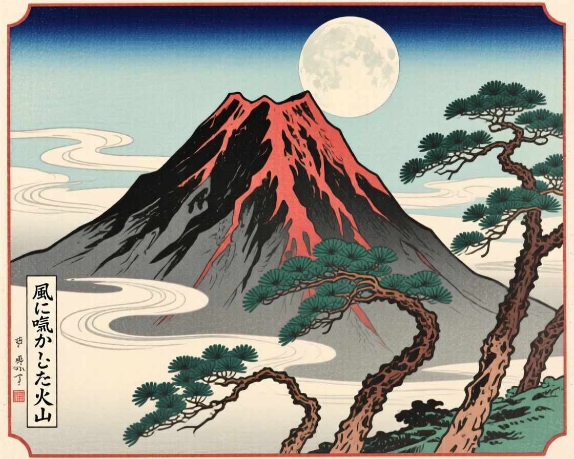 A jagged volcanic cone, framed by wind-bent pine trees, under a full moon.