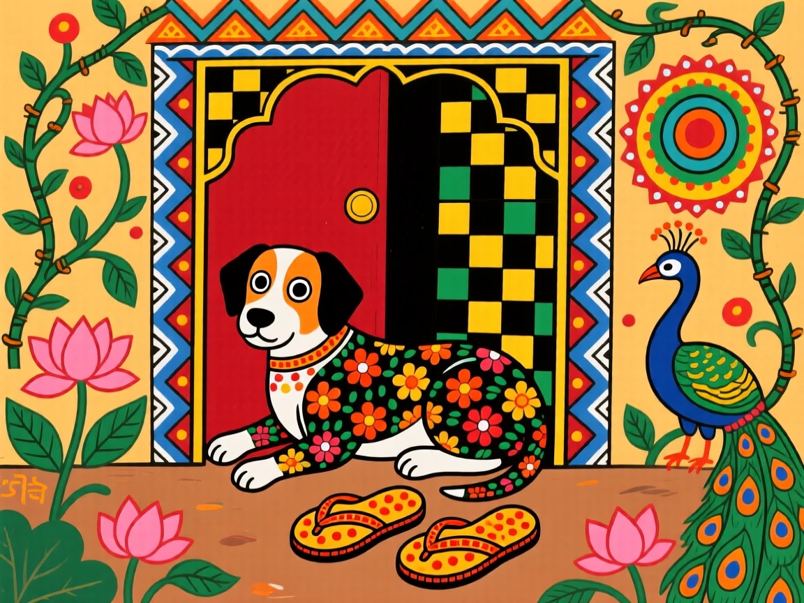 A dog resting loyally beside its owner's sandals at a doorway.