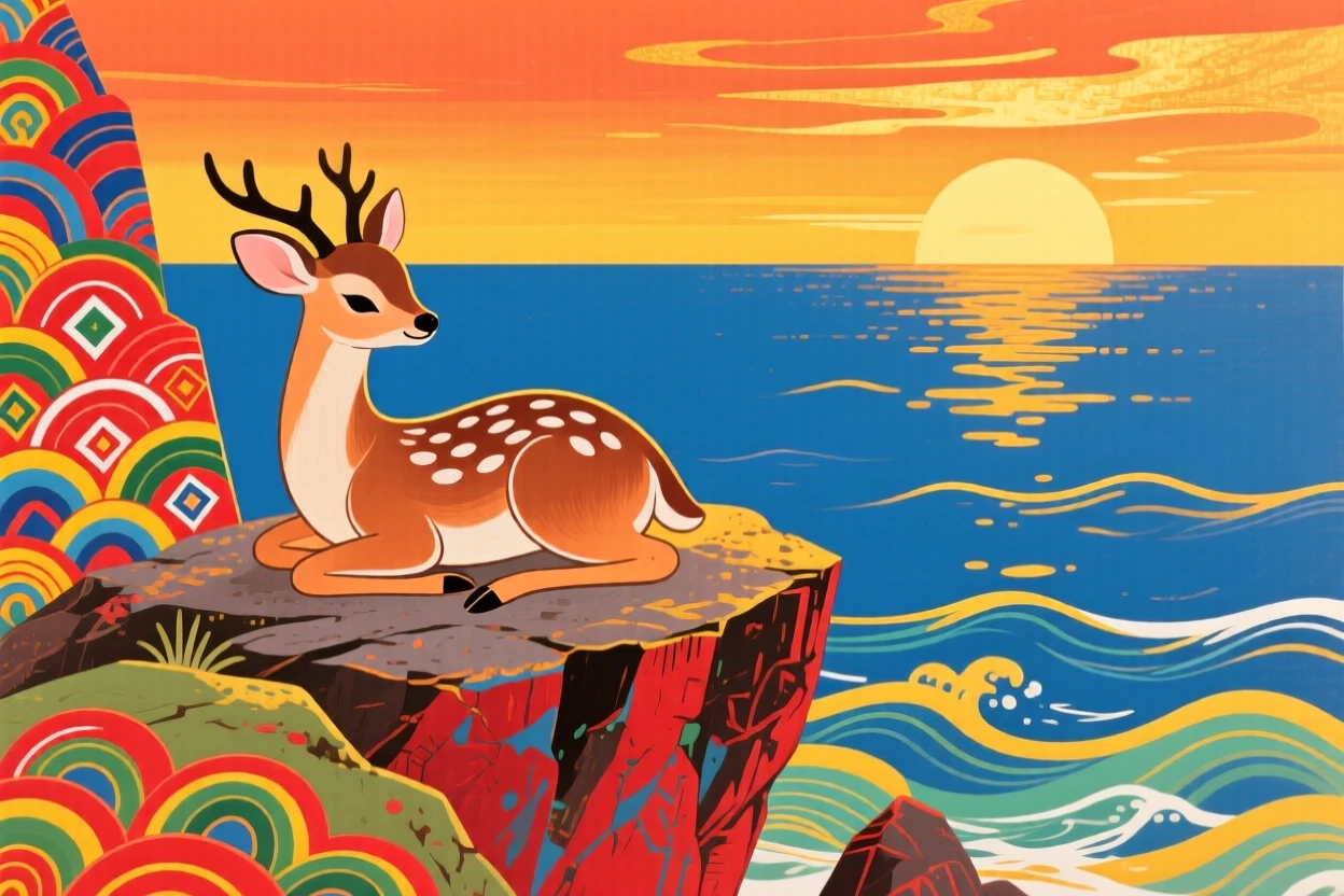 A young fawn resting on a rocky cliff overlooking the sea, in the golden hour before sunset.