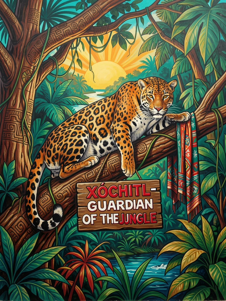 A jaguar resting on a thick tree branch in a dense jungle
