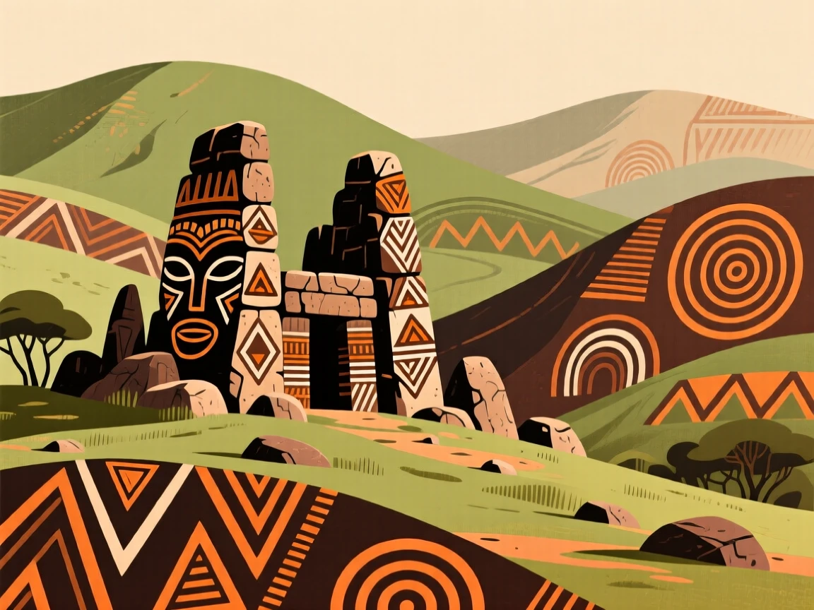 An ancient stone ruin nestled among rolling green hills.