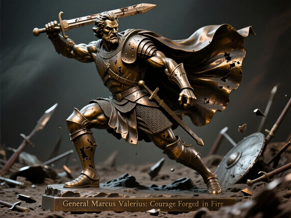 A battle-worn general, captured in dramatic, dynamic motion, forming a strong central focal point