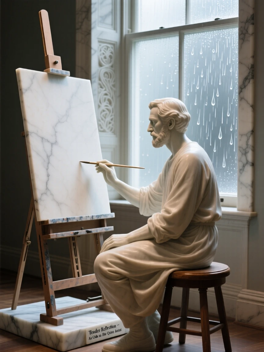 A tender portrait of a painter before a blank canvas, sitting quietly by a window, with a rain-streaked window behind them, evoking warmth and humanity