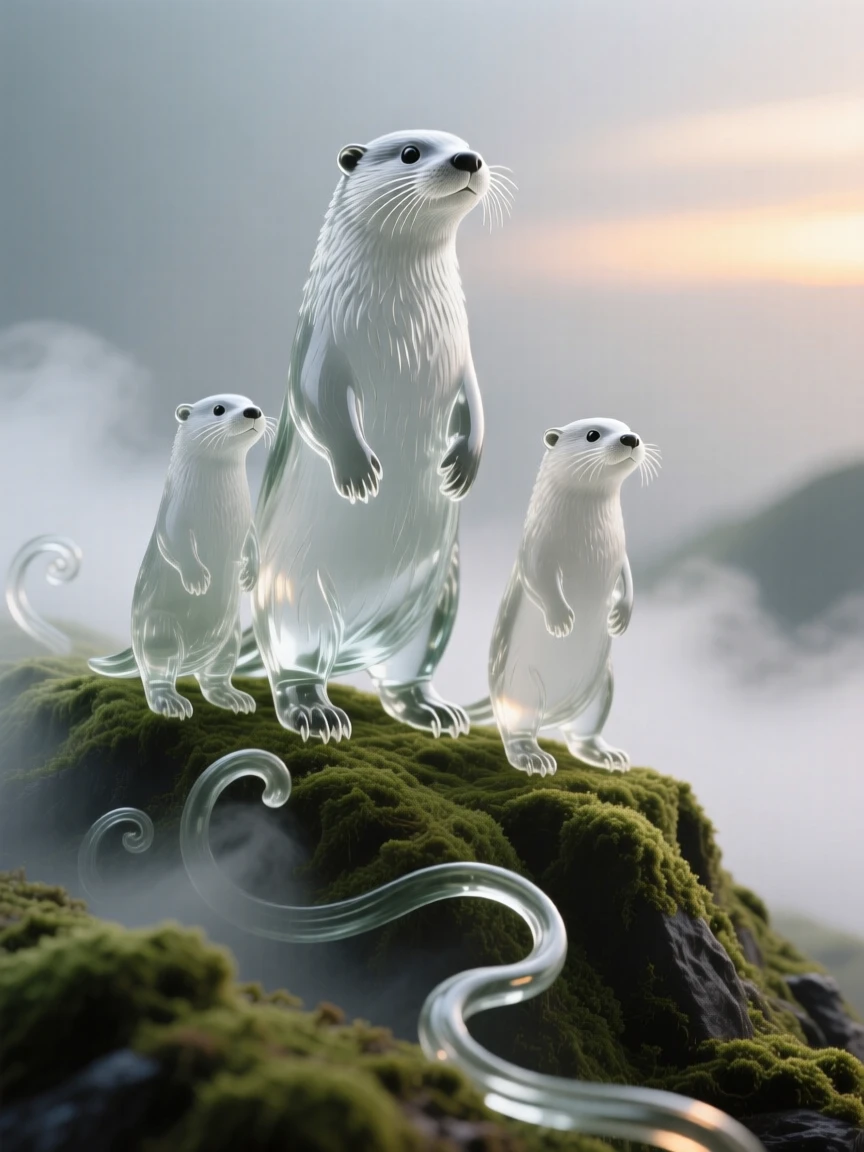 An otter family standing alert on a moss-covered ridge at first light, mist curling around its paws, the scene calm and quietly majestic.
